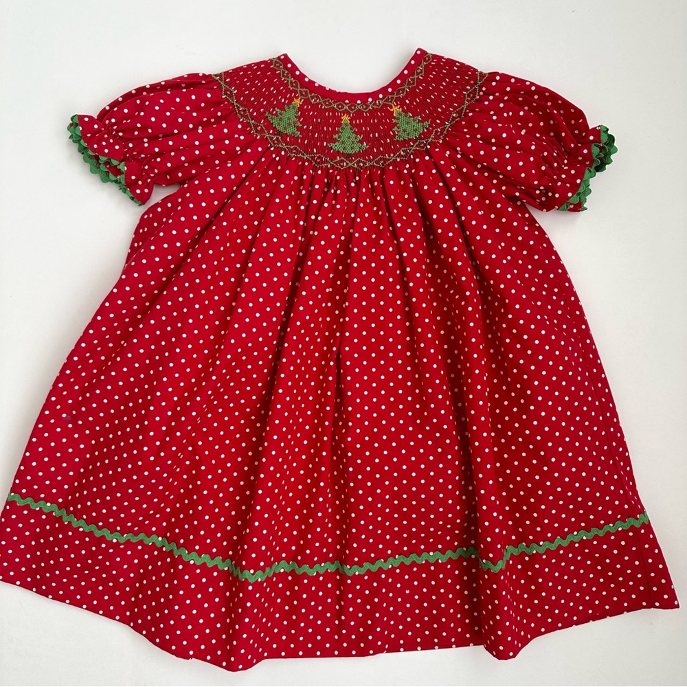 Shrimp & Grits Kids Christmas Tree Smocked Dress 18 mo